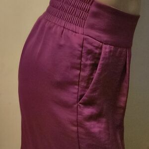 Express Smockd Wide Leg Pleated Satin Like Trouser Fushia Women's Pants